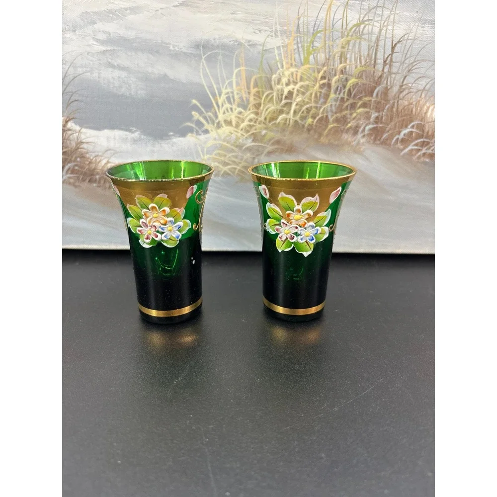 Vintage Bohemian Emerald Green Glass Shot Glasses Hand Painted Enamel Gold Gilt